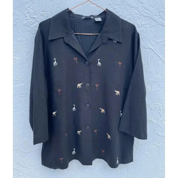 Richard Malcolm Womens Long Sleeve Linen Safari Embroidered Shirt Black Sz 16 - Picture 1 of 7